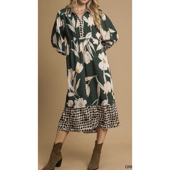 Umgee Dresses & Skirts - NWT Umgee Women's Newbury Green Floral Boho Balloon Sleeves Maxi Dress - Size S